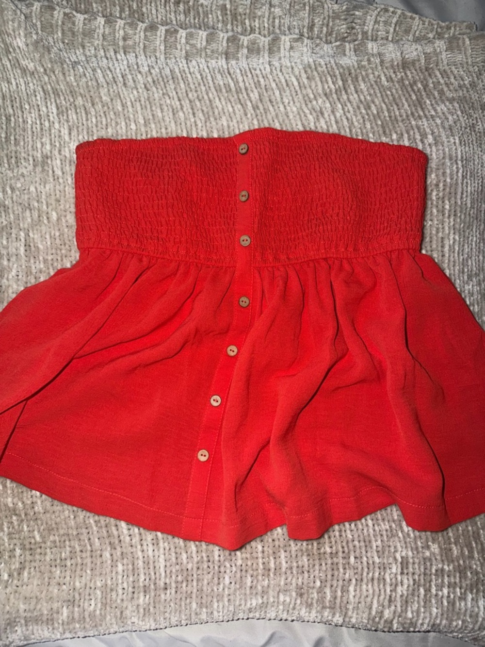 Women's Strapless Smocked Button-Front Babydoll style Redish Orange Top